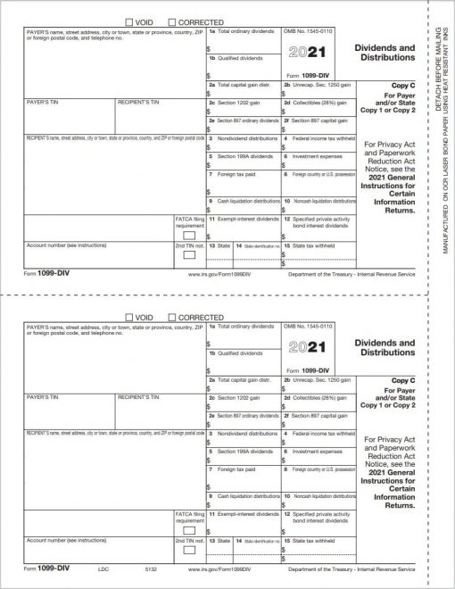 1099-DIV Form - Copy C Payer - Discount Tax Forms