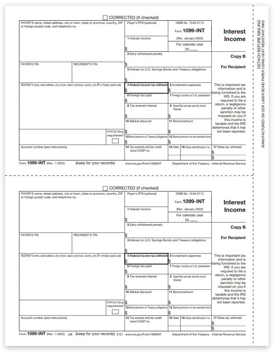 1099INT Tax Forms 2022 Recipient Copy B DiscountTaxForms