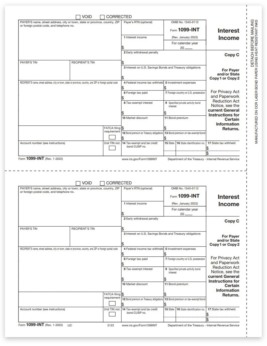 1099INT Forms For 2022 Payer Copy C DiscountTaxForms