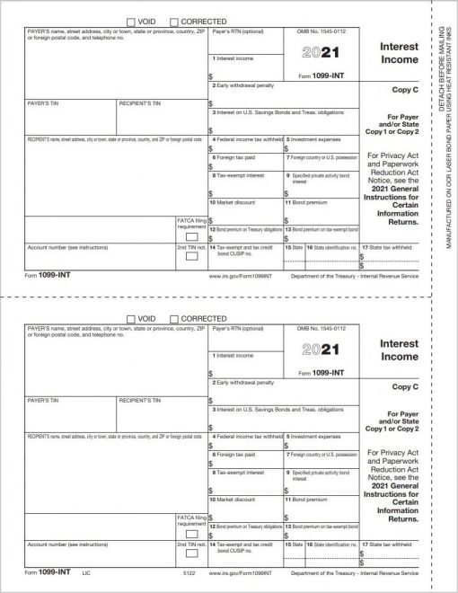 1099-INT Form - Copy C Payer - Discount Tax Forms