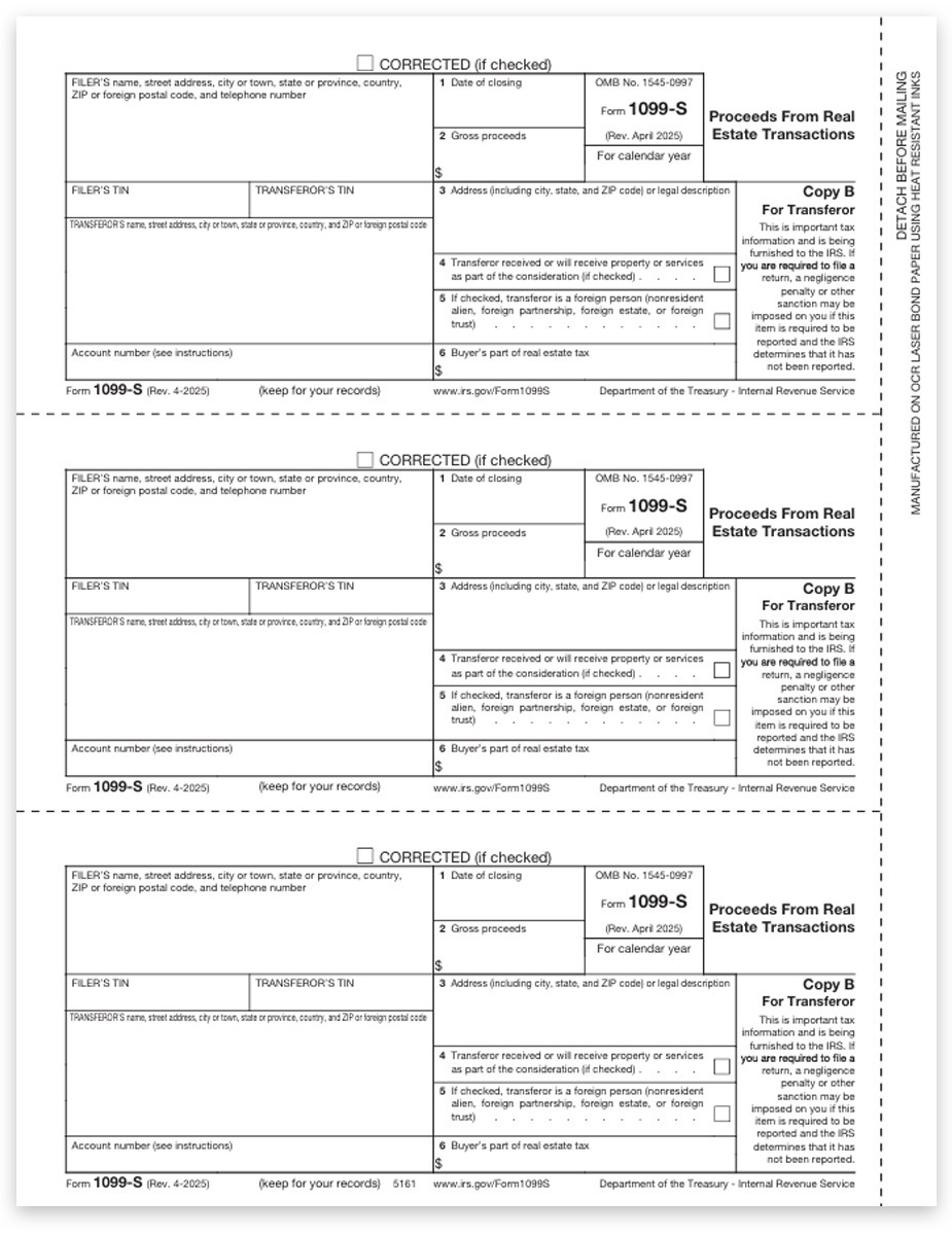 Order 1099S Tax Forms, Official Transferor Copy B 1099-S Forms for Proceeds from Real Estate Transactions. Online E-File Options - DiscountTaxForms.com