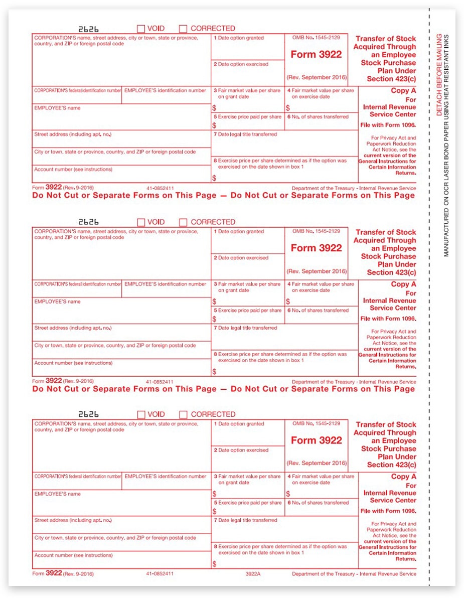 3922 Forms Employee Stock Purchase IRS Copy A DiscountTaxForms