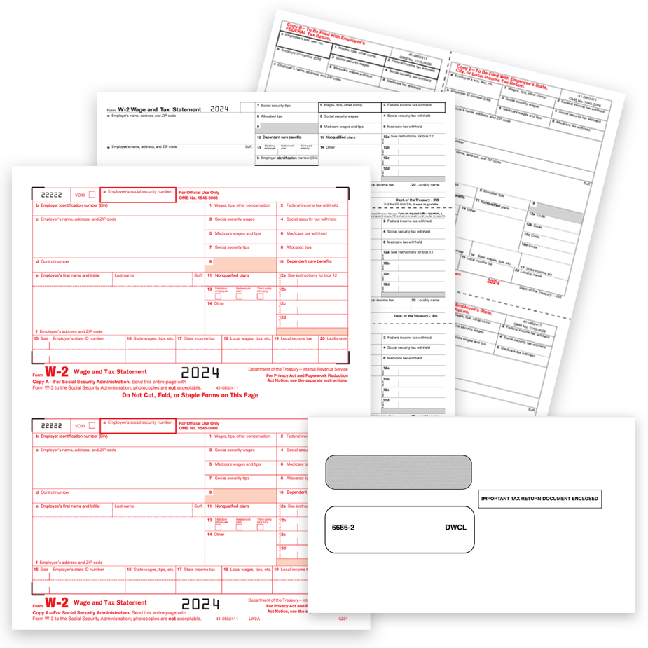 W2 Forms Official IRS Preprinted 2024 2024 W2 Forms and Envelopes, Official IRS W-2 Forms for Employees and Employers, 2up, 3up and 4up formats at discount prices, no coupon code needed - DiscountTaxForms.com