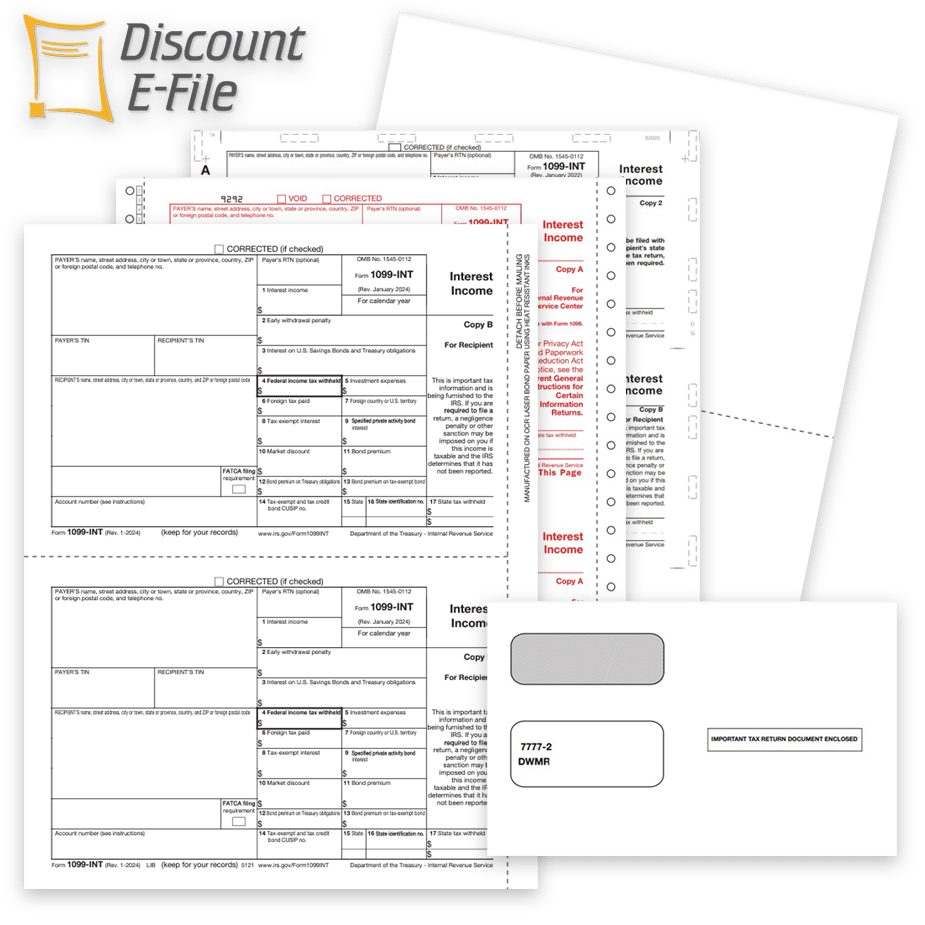 Order 1099INT Tax Forms, Envelopes and E-Filing at Big Discounts, No Coupon Code Needed. Official 1099-INT Forms, Blank Perf Paper and E-File Options - DiscountTaxForms.com