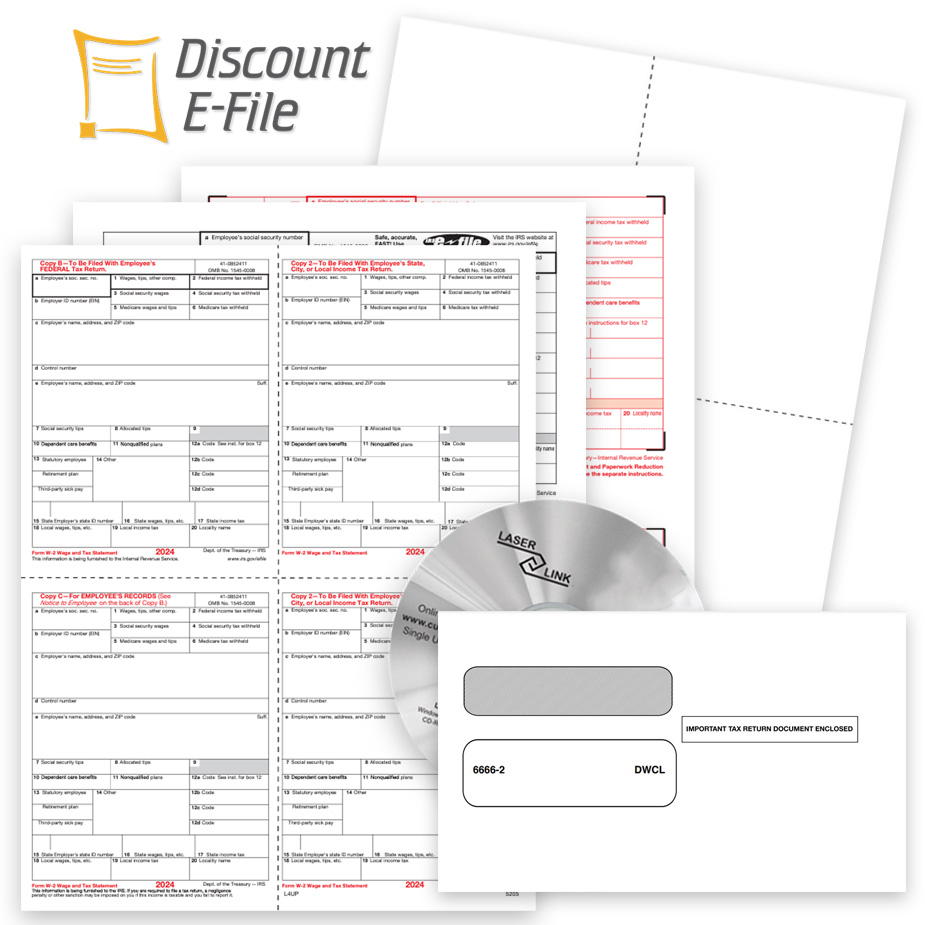 W2 Filing Forms Envelopes Software Efile 2024 2024 W2 Filing, Forms, Envelopes, Software and Online E-Filing at Big Discounts, No Coupon Code Needed - DiscountTaxForms.com