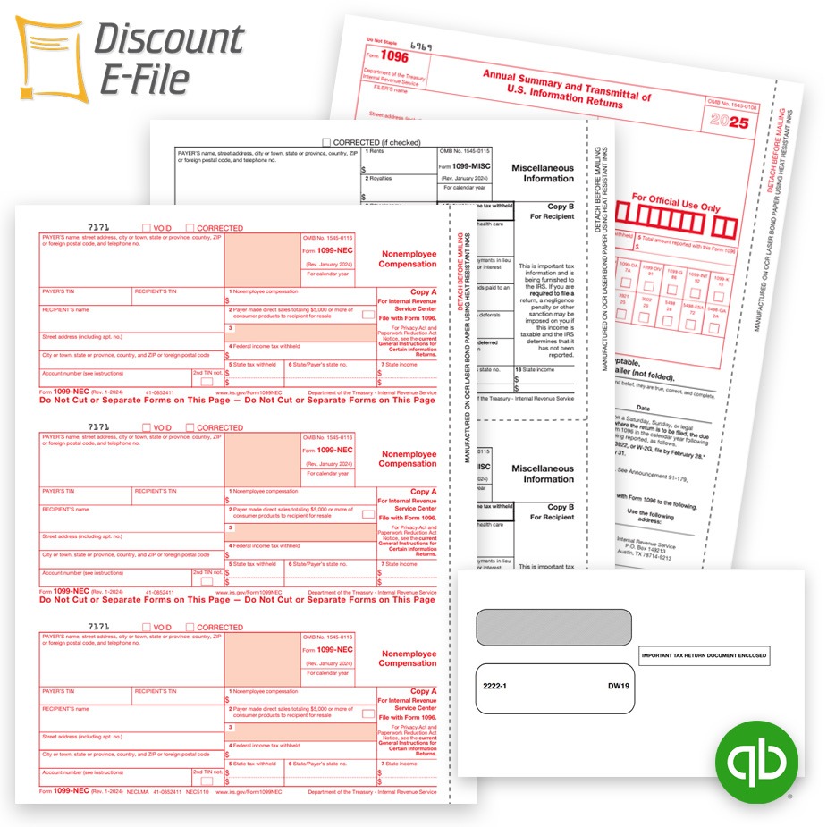 Order Intuit QuickBooks Compatible 1099 Tax Forms and Envelopes for 2025, Easy Efile Services at Discount Prices No Coupon Code Needed. Easy Efiling Options and More - DiscountTaxForms.com