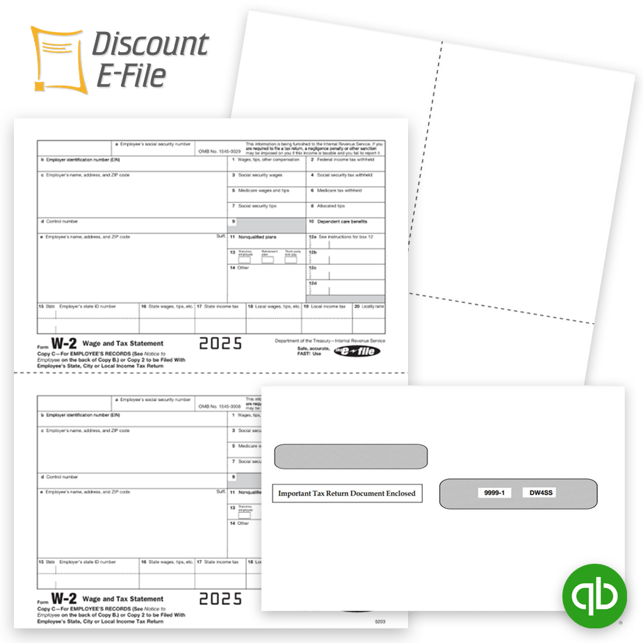Order Intuit QuickBooks Compatible W2 Forms, Blank Perforated Paper, Envelopes and Efiling Services at Big Discounts, No Coupon Needed - DiscountTaxForms.com
