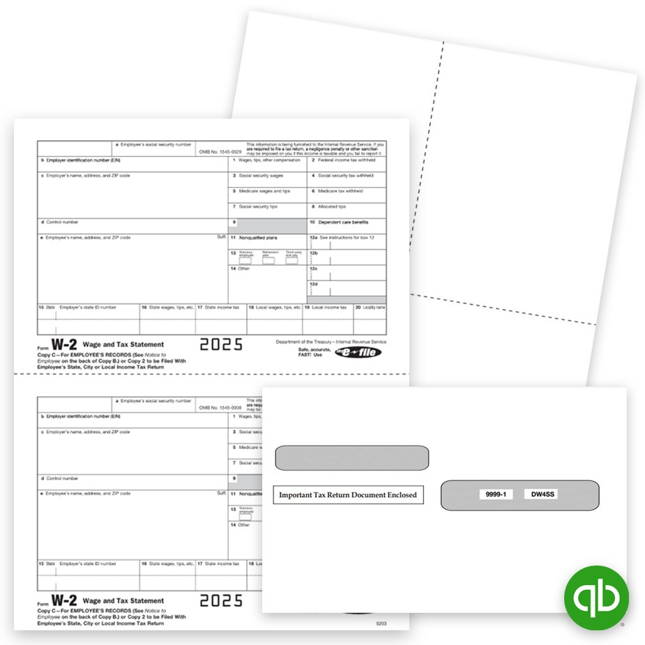QuickBooks W2 Forms and Envelopes 2025 Order Intuit QuickBooks Compatible W2 Forms, Blank Perforated Paper and Envelopes at Big Discounts, No Coupon Needed - DiscountTaxForms.com