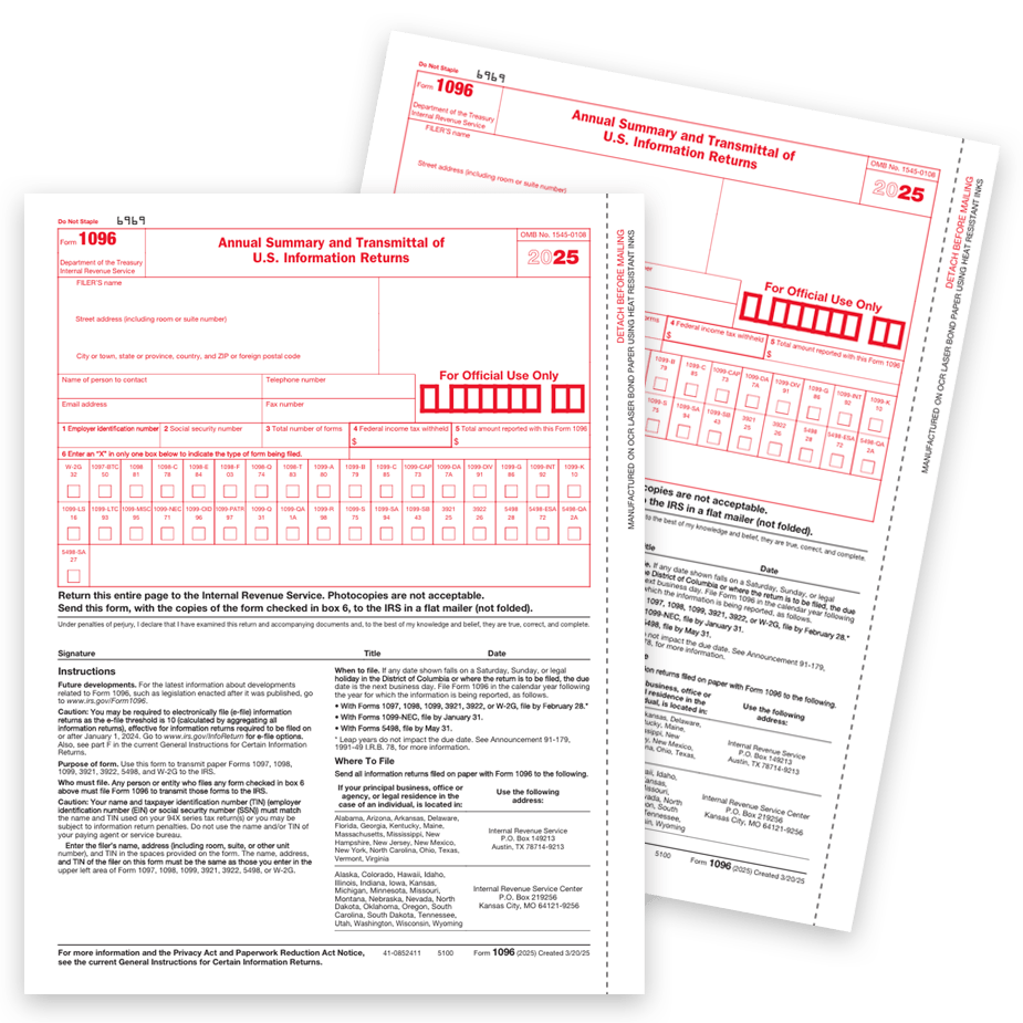 Order 1096 Transmittal forms for 2025 for use when filing 1099 forms with the IRS - DiscountTaxForms.com