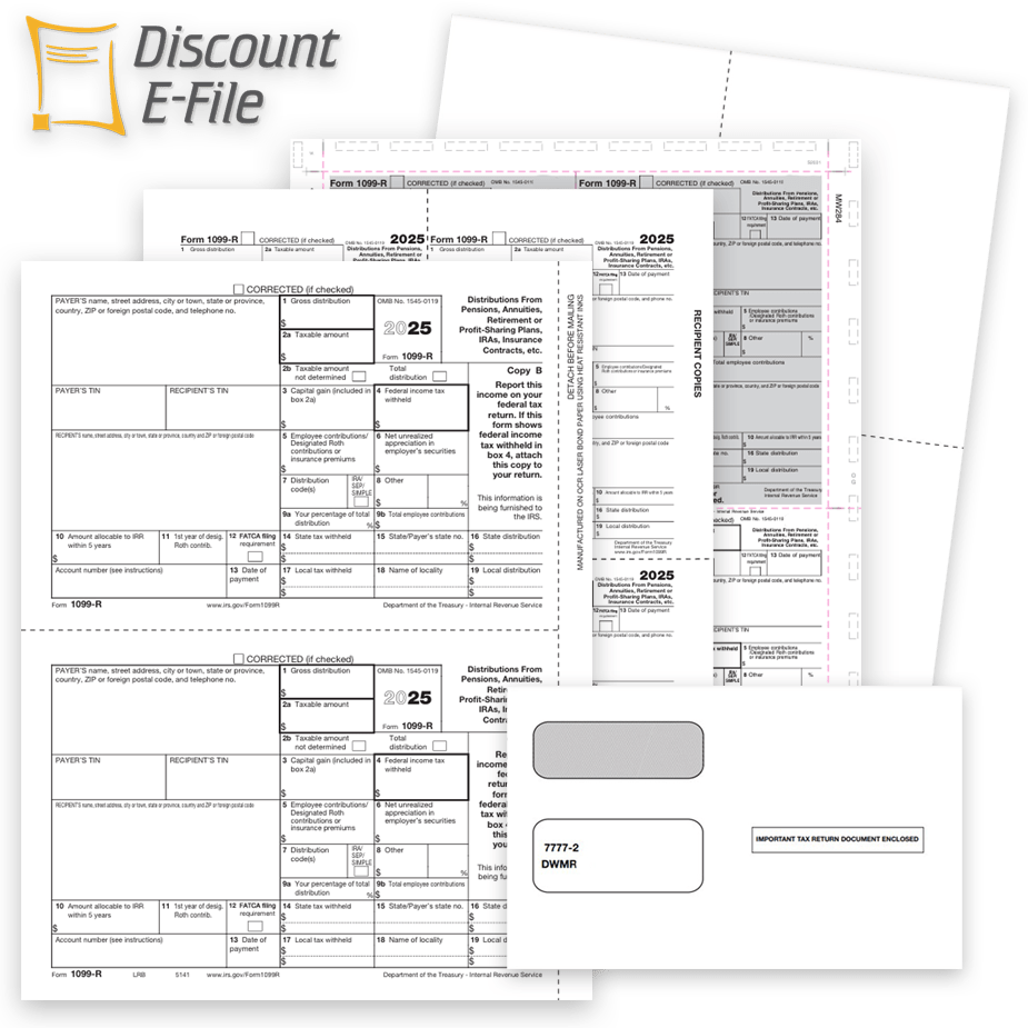 Order 1099R Tax Forms for 2025, Plus Envelopes and E-File Services at Big Discounts. Official IRS 1099-R Forms, Blank Perf Paper, Pressure Seal Forms and More - DiscountTaxForms.com